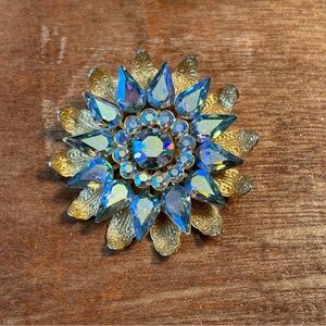 Vintage Gold and Blue Rhinestone Brooch